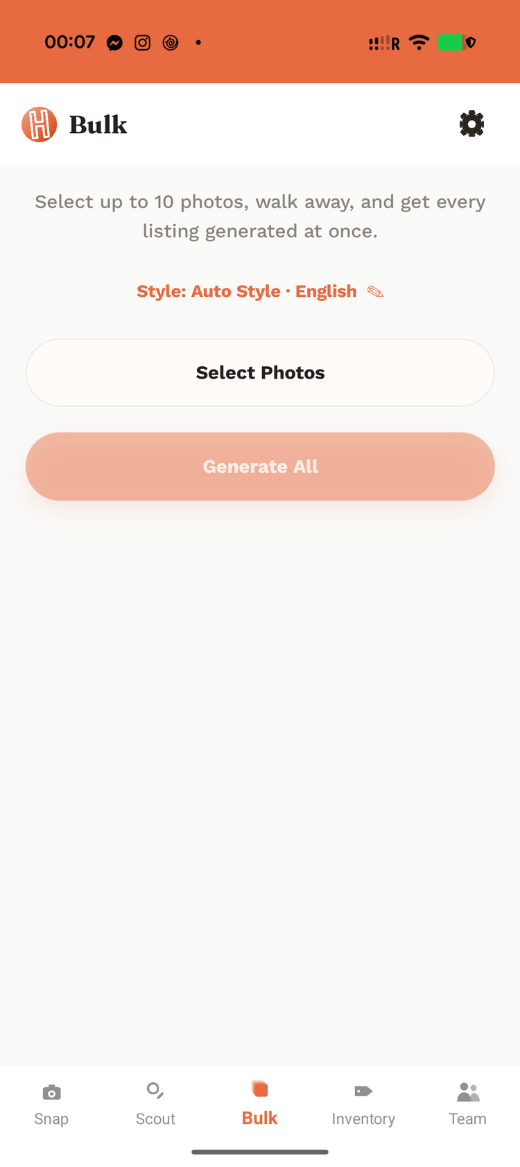 Hawker's Bulk Mode tab: select up to 10 photos and generate every listing at once