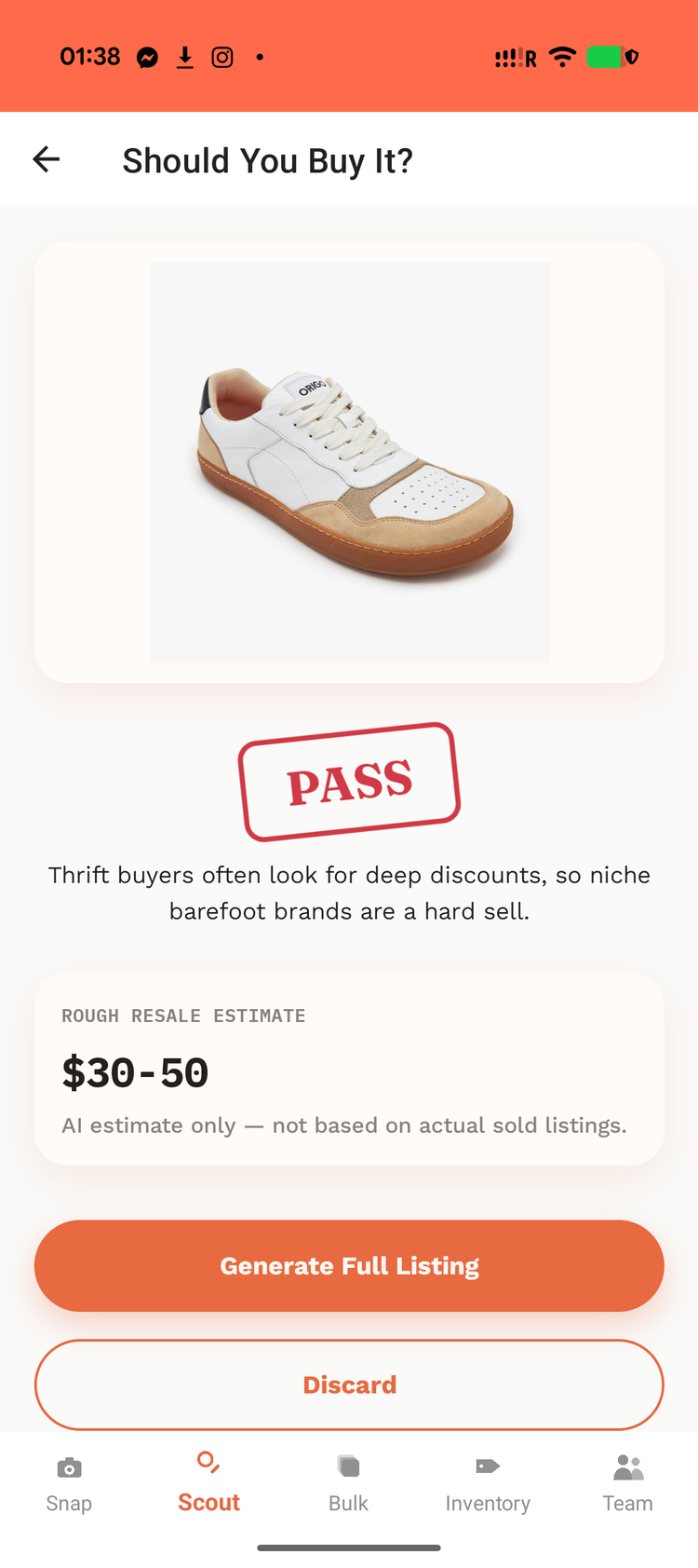 Hawker's Scout tab: a real Buy/Pass verdict with a one-line reason and a rough resale estimate