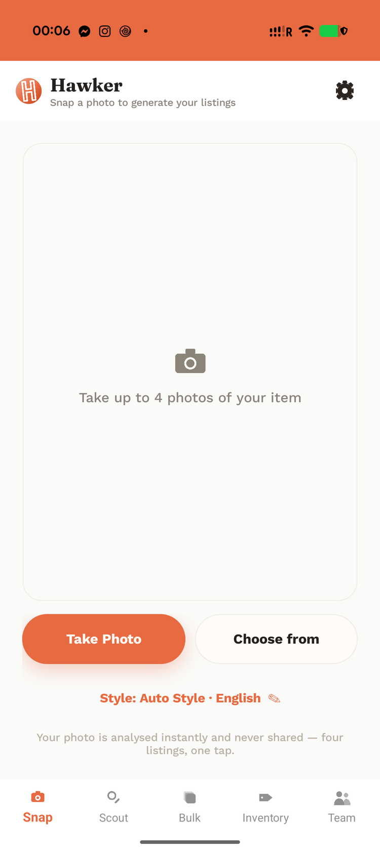 Hawker's Snap tab: take up to 4 photos of an item and generate a listing